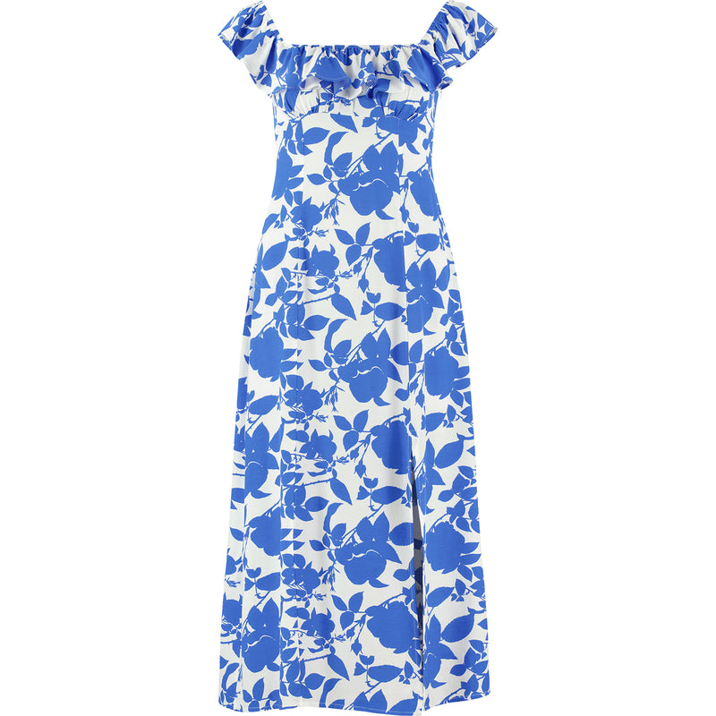 Women's Frill Neck Midi Dress, White Blue Floral Dress