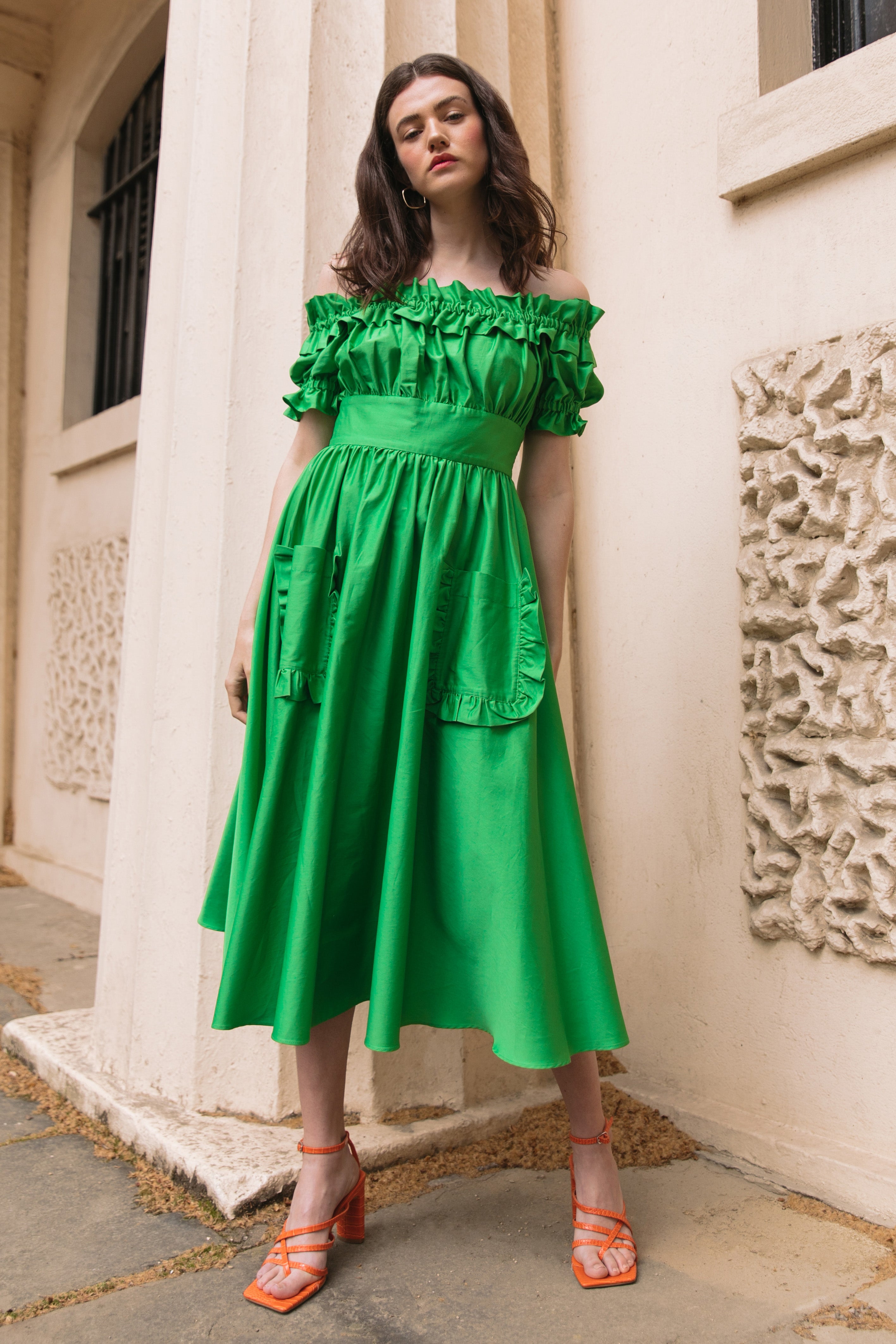 Green off the outlet shoulder midi dress