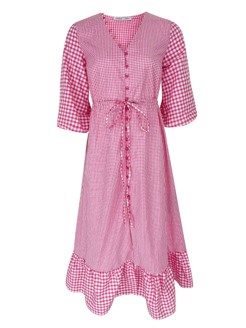 Button Through Gingham Midi Dress in Pink | Vida