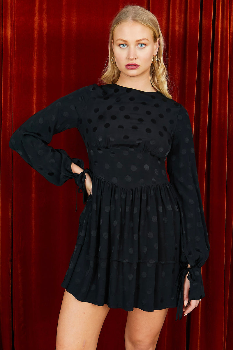 The Stevie Tie Sleeve Tiered Mini Dress in Black Spot