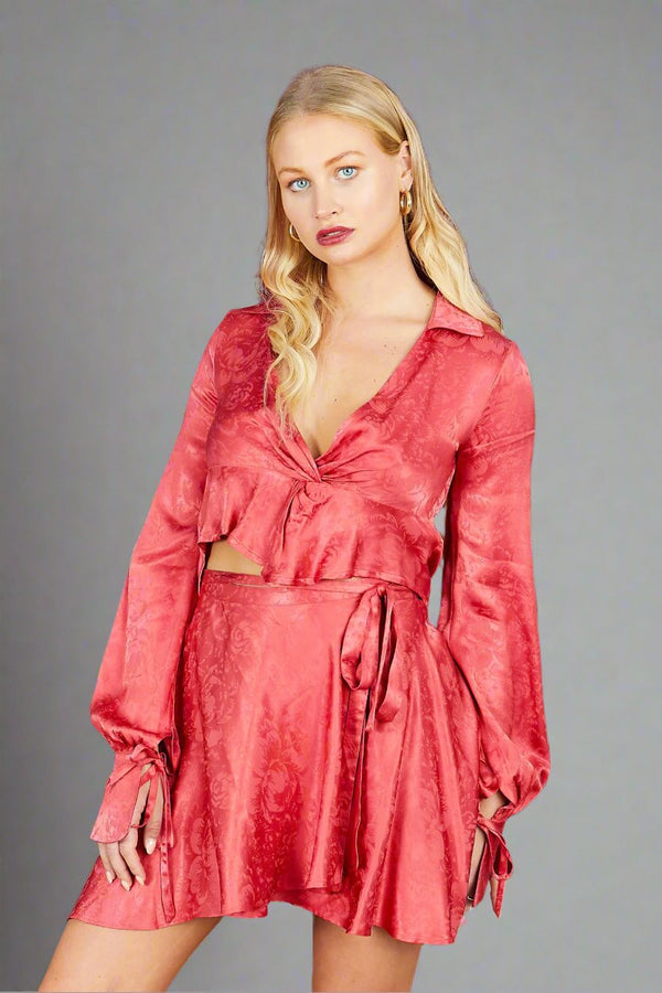 The Adriene Satin Blouse in Rose Pink Floral Jacquard