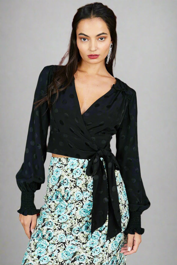 The Penelope Tie Wrap Blouse in Black Spot