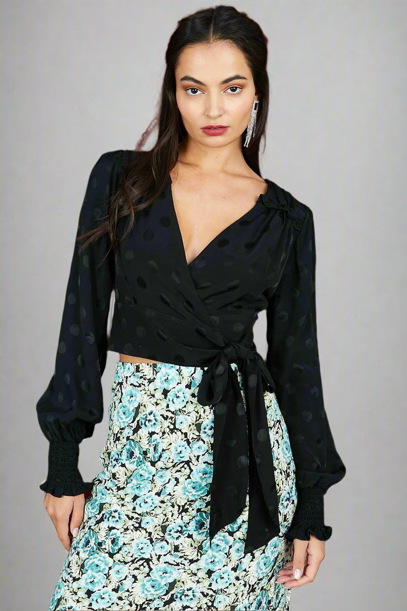 The Penelope Tie Wrap Blouse in Black Spot