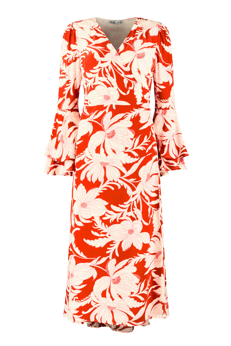 The Dantea Long Flare Sleeve Wrap Dress in Red Vintage Floral