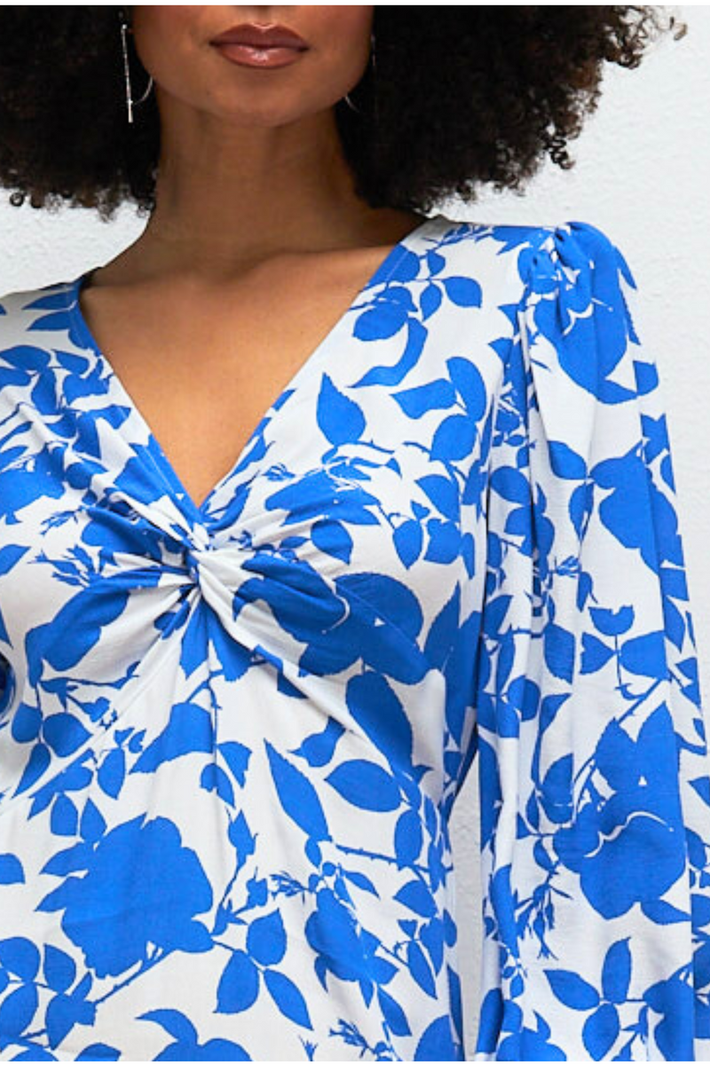 The Maeve V Neck Long Sleeve Midi Dress in Blue Floral