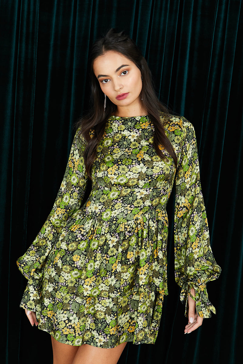 The Stevie Tie Sleeve Tiered Mini Dress in Green Floral