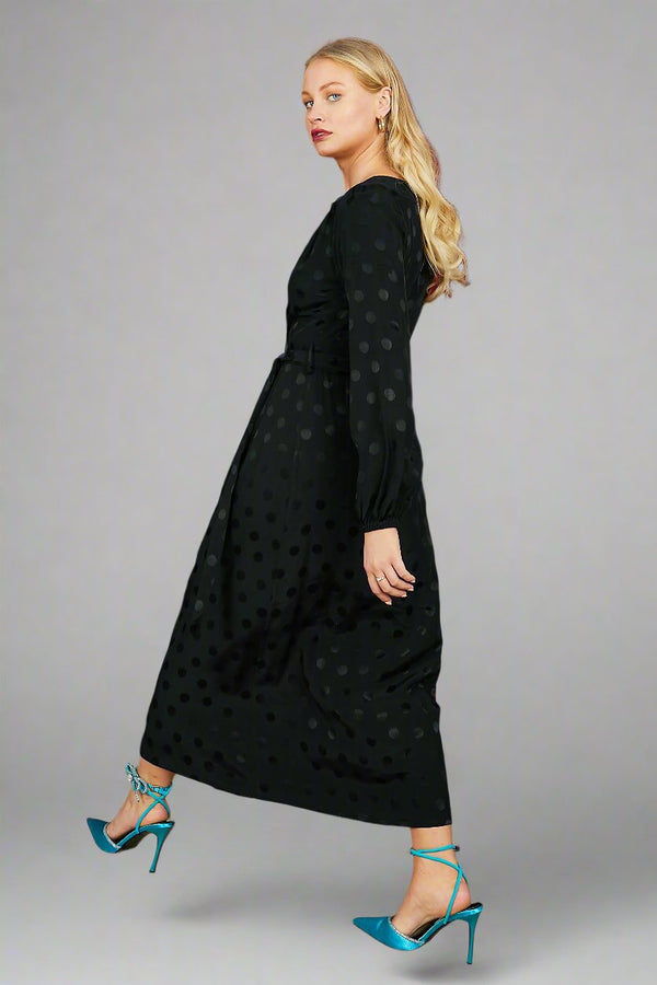 The Annalise Long Sleeve Satin Wrap Midi Dress in Black Spot