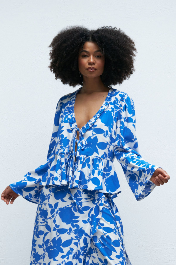 The Fia Tie Front Top in Blue Floral