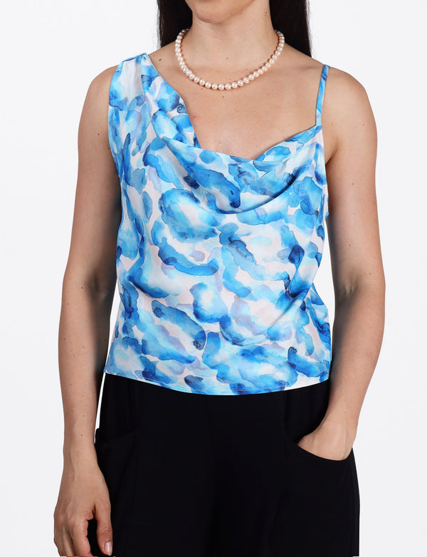 The Mila Asymmetric Cami Top in Blue Watercolour Cloud