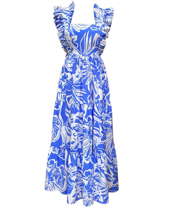 The Karis Tie Back Maxi Dress in Blue & White