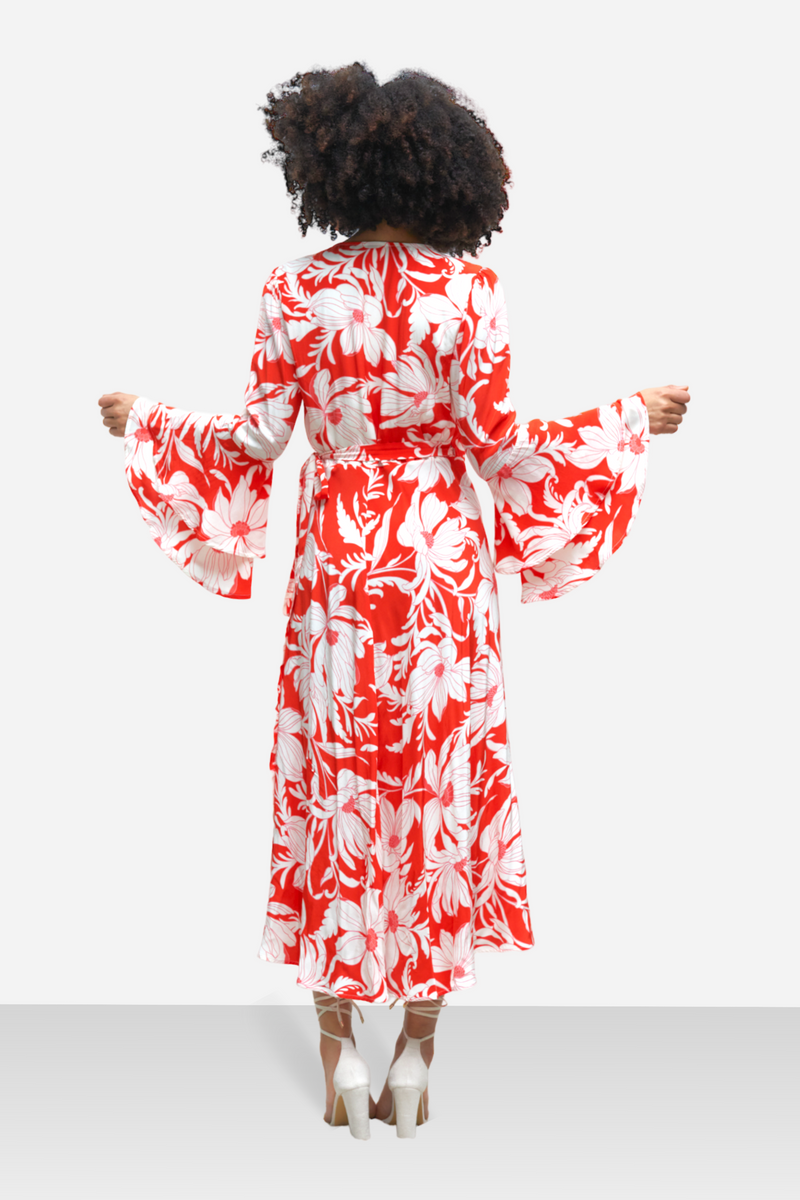 Long Flare Sleeve Wrap Dress in Red Vintage Floral