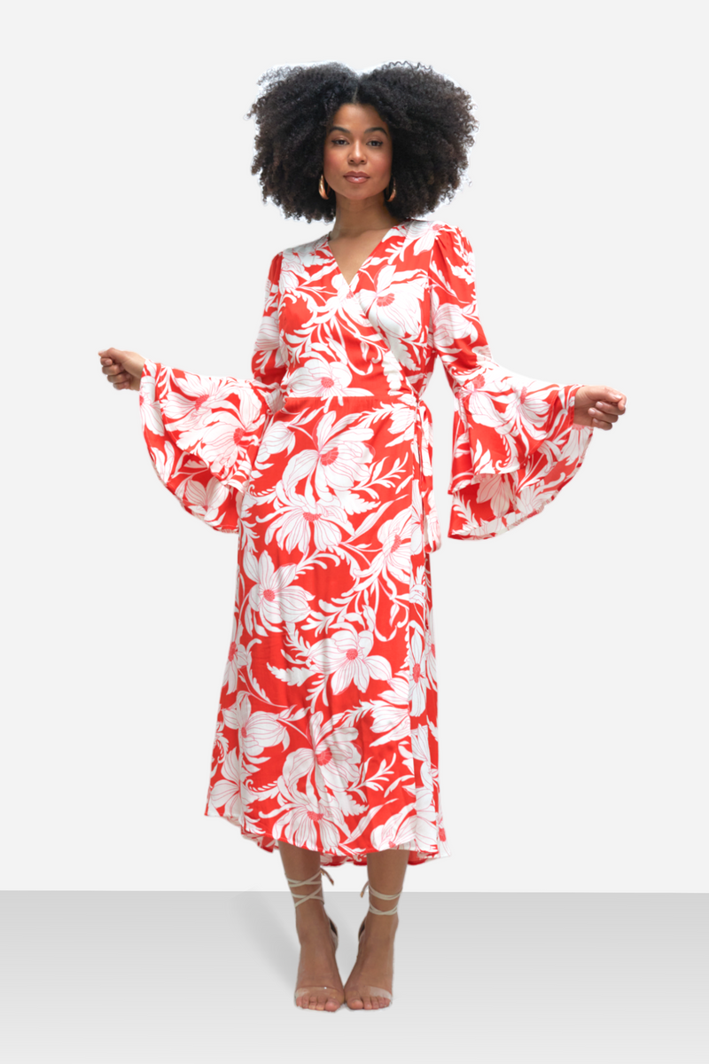 Long Flare Sleeve Wrap Dress in Red Vintage Floral