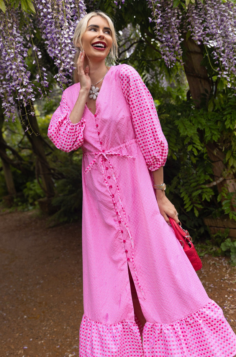 Button Through Gingham Midi Dress in Pink | Vida