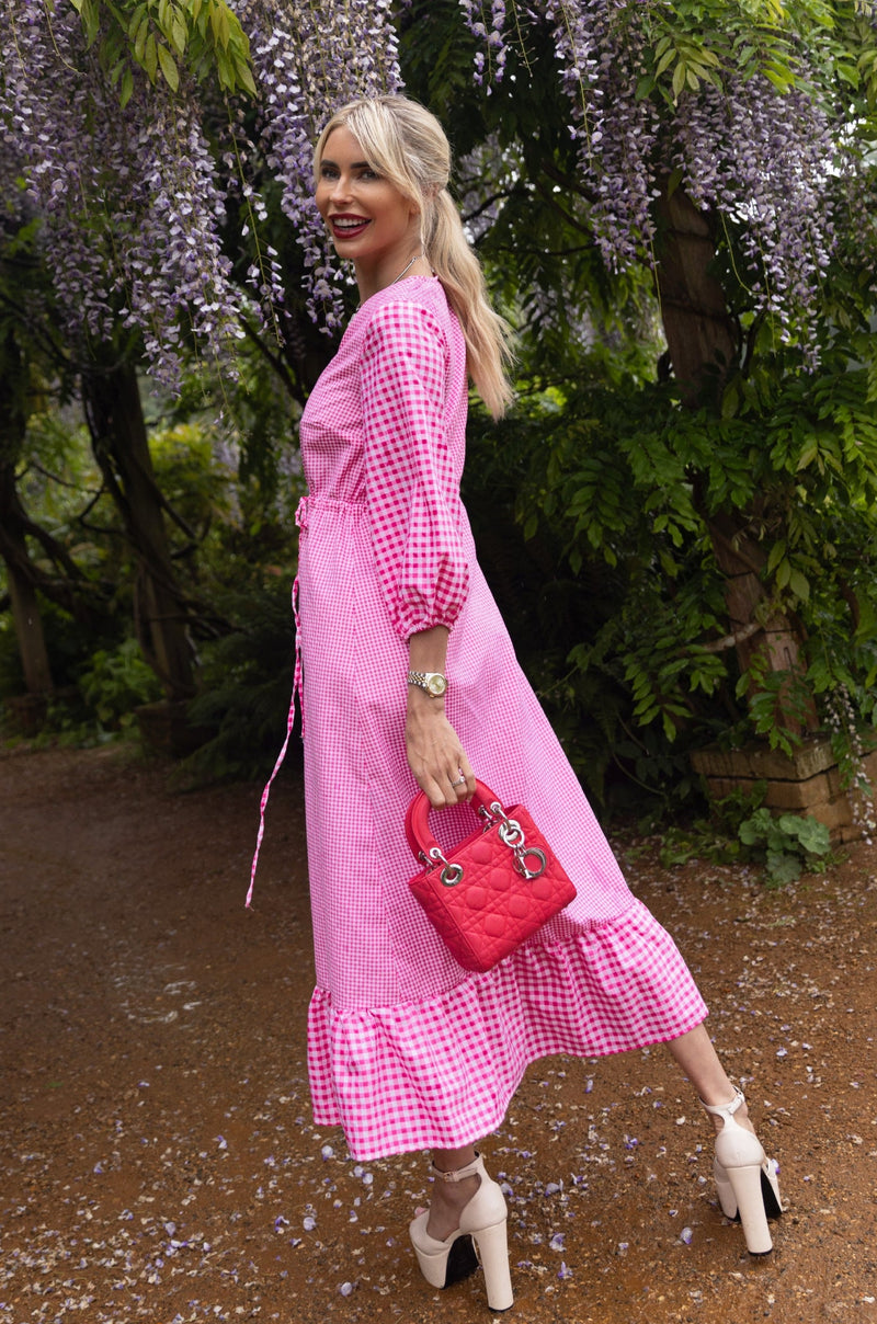 Button Through Gingham Midi Dress in Pink | Vida