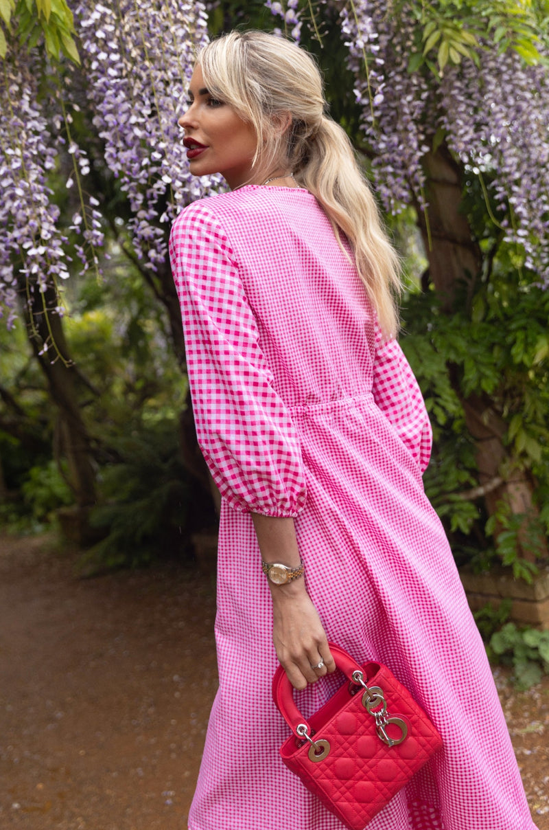 Button Through Gingham Midi Dress in Pink | Vida