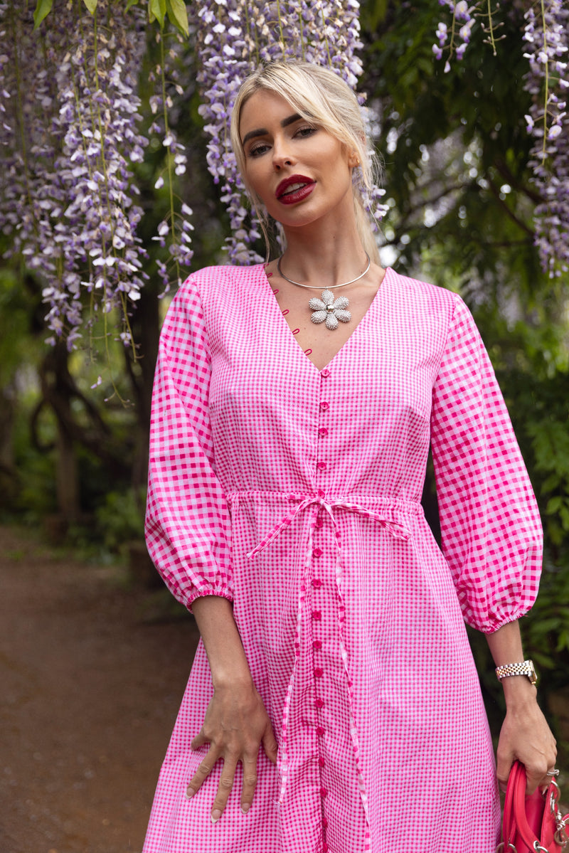 Button Through Gingham Midi Dress in Pink | Vida