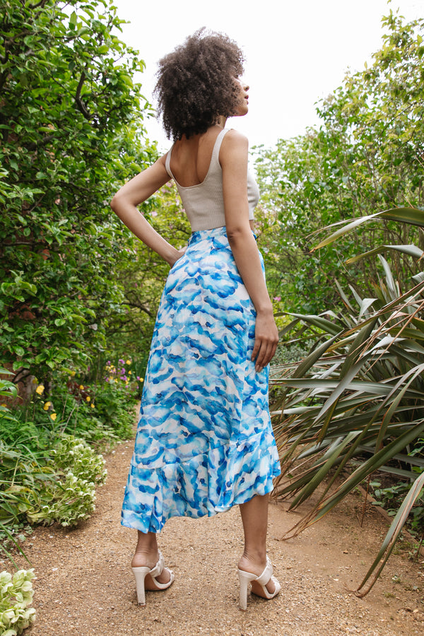 The Maya Midi Wrap Skirt in Blue Watercolour Cloud