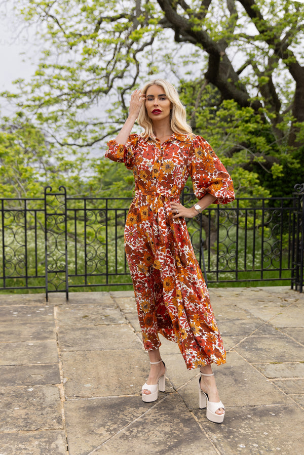 Maxi Shirt Dress in Brown Floral print