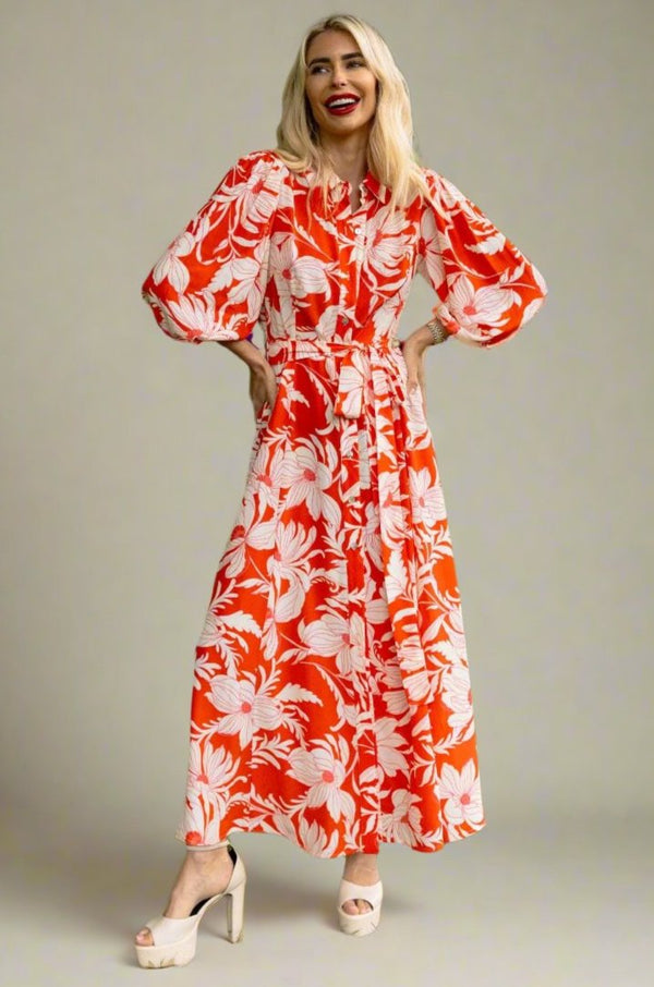 Maxi Shirt Dress In Red & White Floral