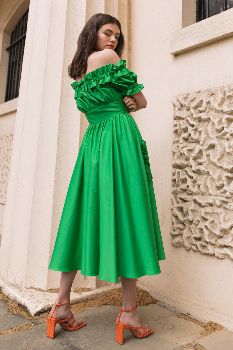 The Tamsin Bardot Ruffle Dress in Island Green