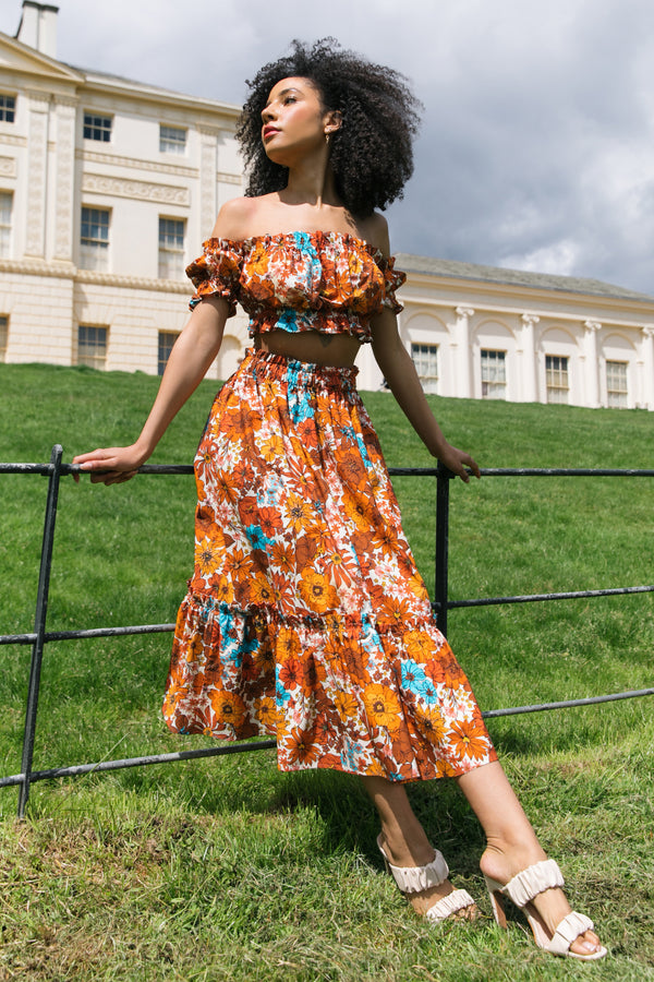 The Sofia Midi Skirt in Brown 70s Floral