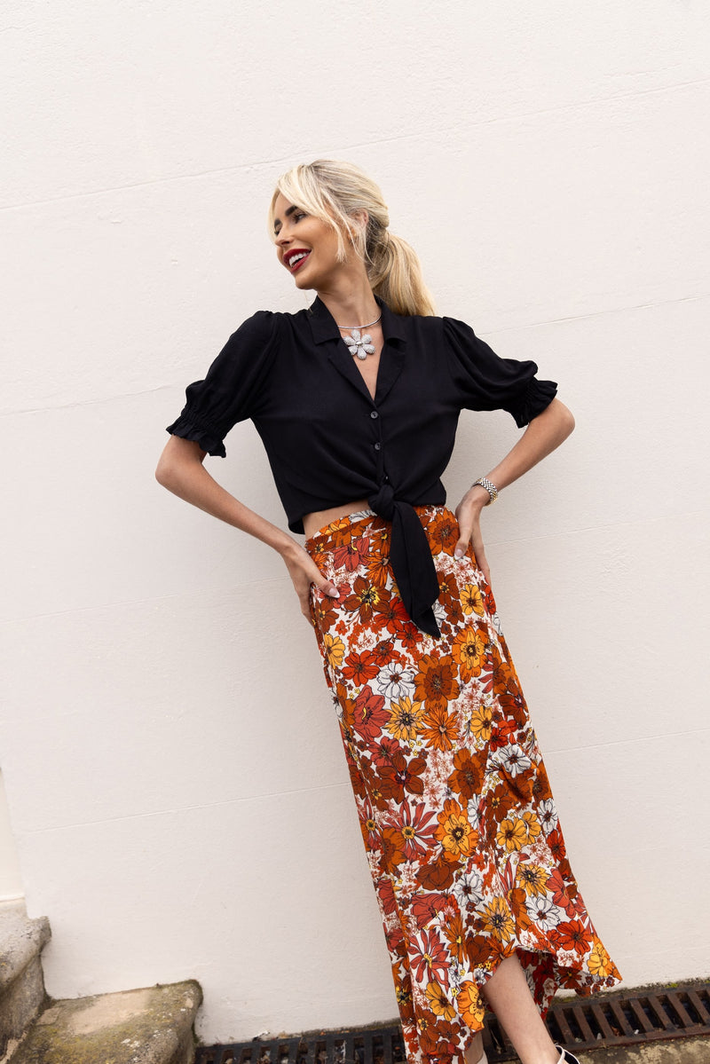 The Maya Skirt in Brown 70s Floral