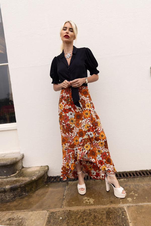 The Maya Skirt in Brown 70s Floral