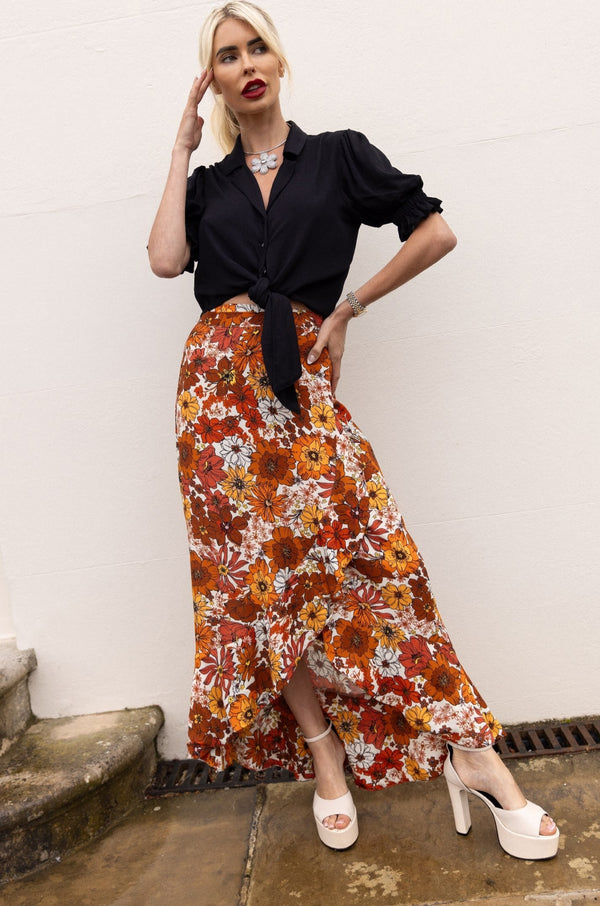 The Maya Skirt in Brown 70s Floral