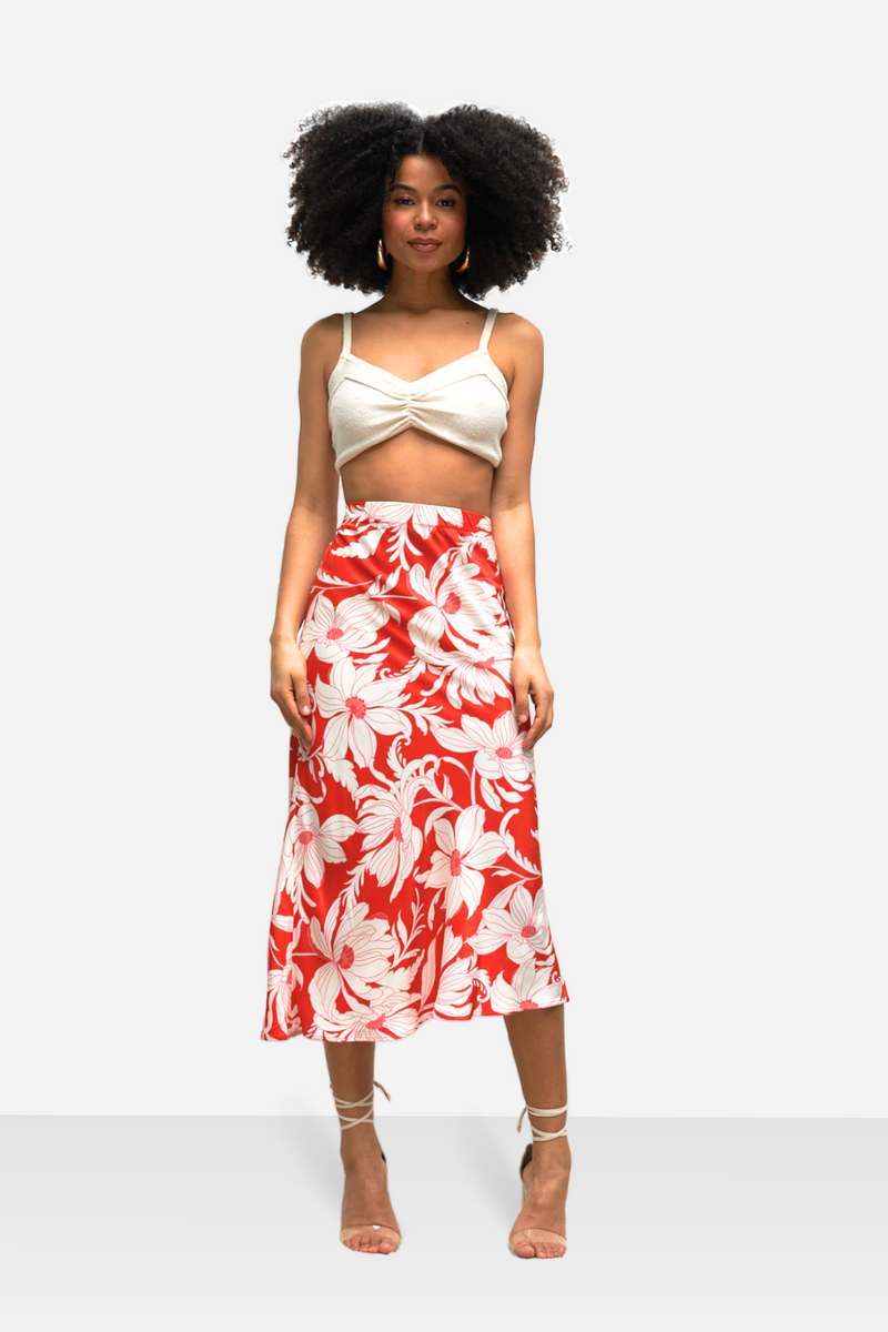 Women's Bias Cut Midi Skirt, Red Floral Skirt for Women