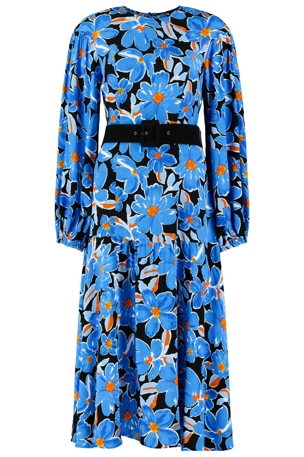 Belted Midi Dress, Blue Black Floral Dress for Women