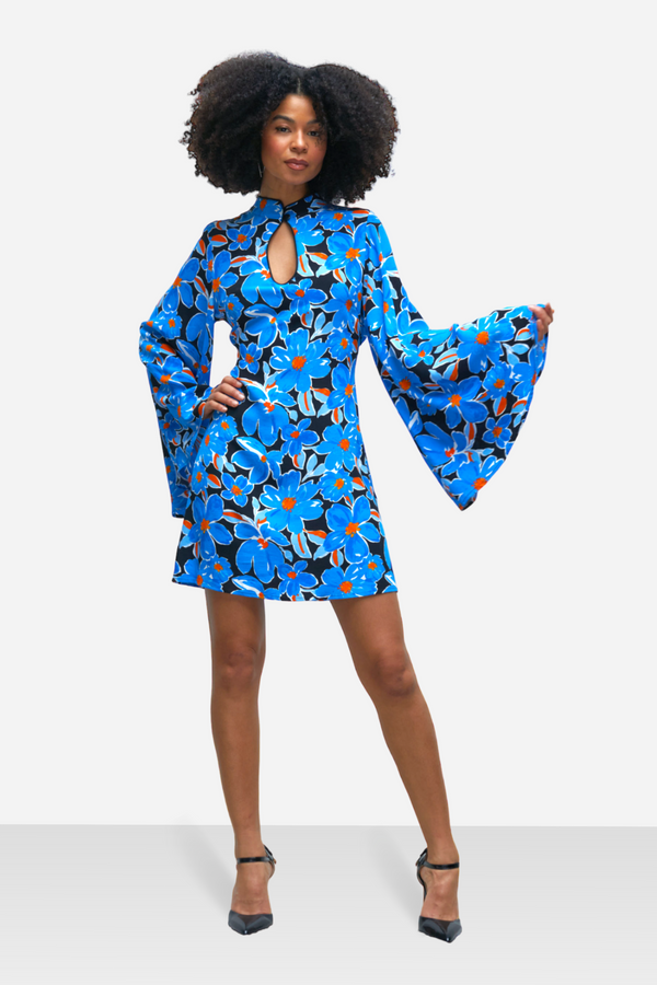 Blue Black Mini Dress for Women, Flare Sleeve Floral Dress