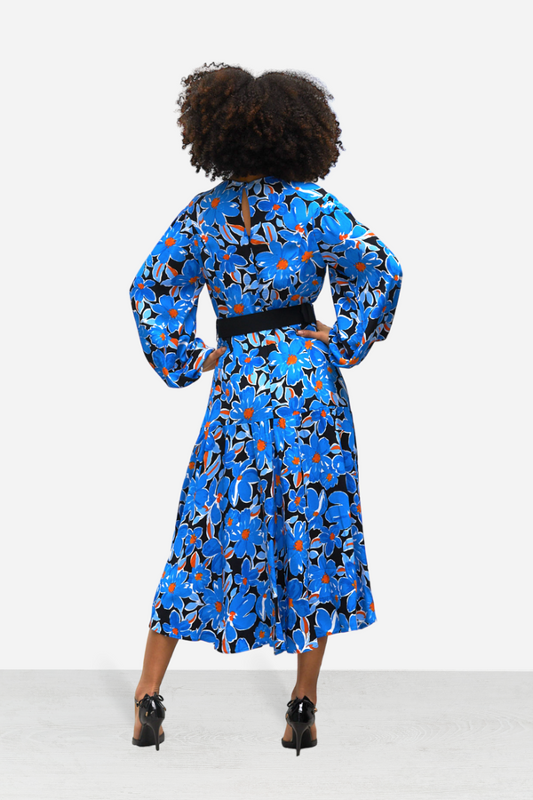 Belted Midi Dress, Blue Black Floral Dress for Women