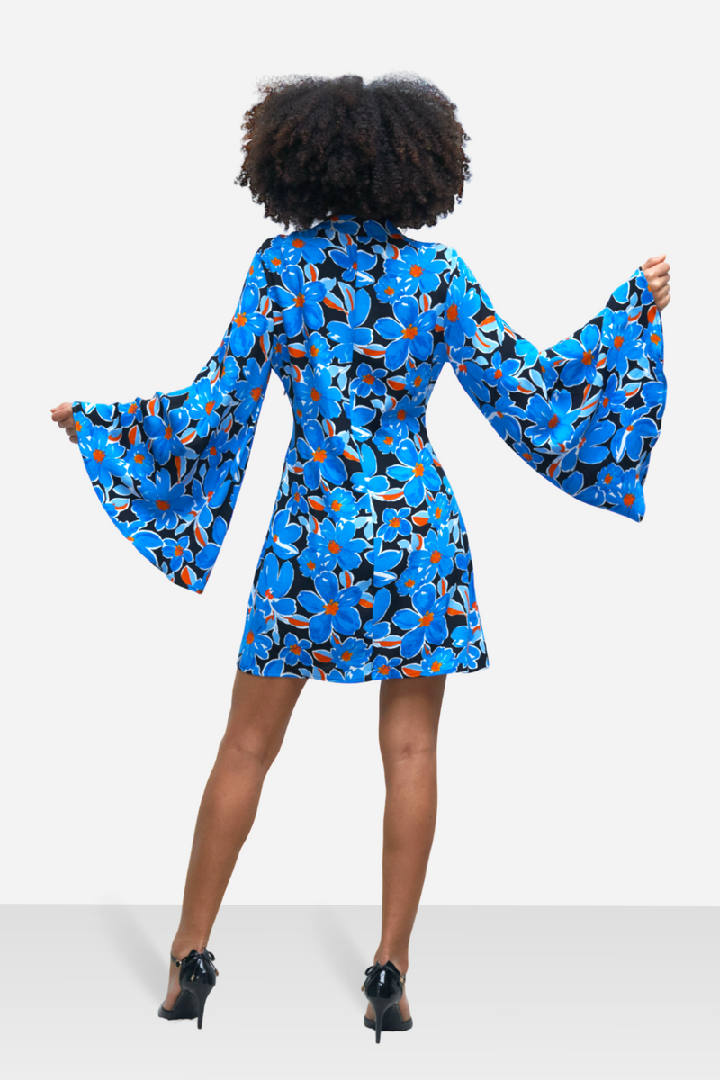 Blue Black Mini Dress for Women, Flare Sleeve Floral Dress