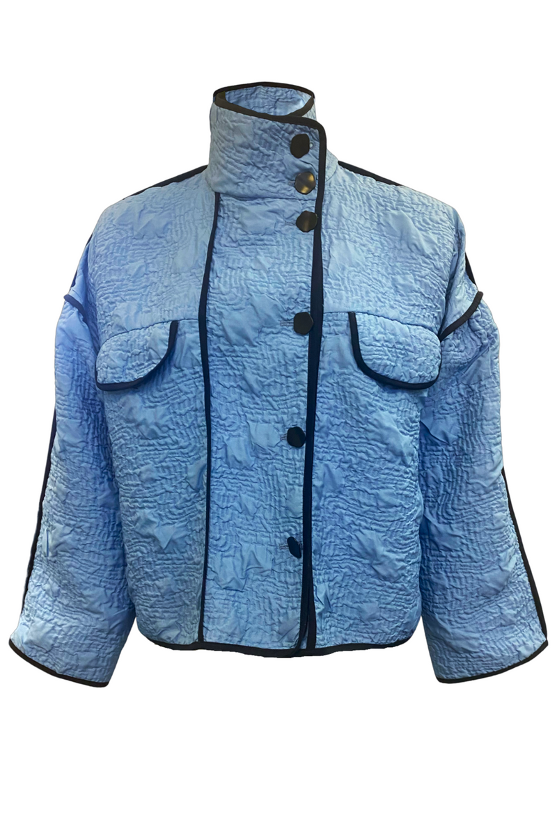 Quilted Button Front Collared Coat in Blue