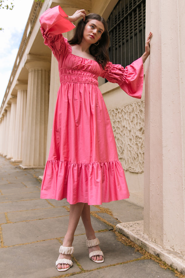 The Cara Square Neck Cotton Midi Dress in Watermelon Pink