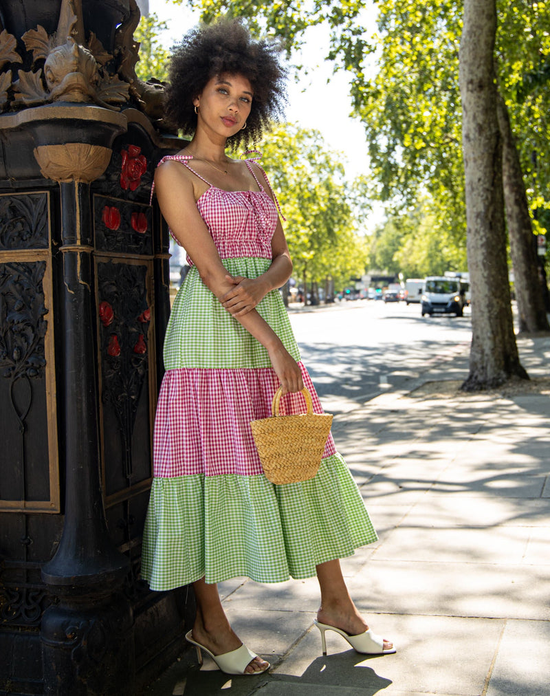 Gingham Tiered Cotton Midi Dress in Pink and Green | Ocean