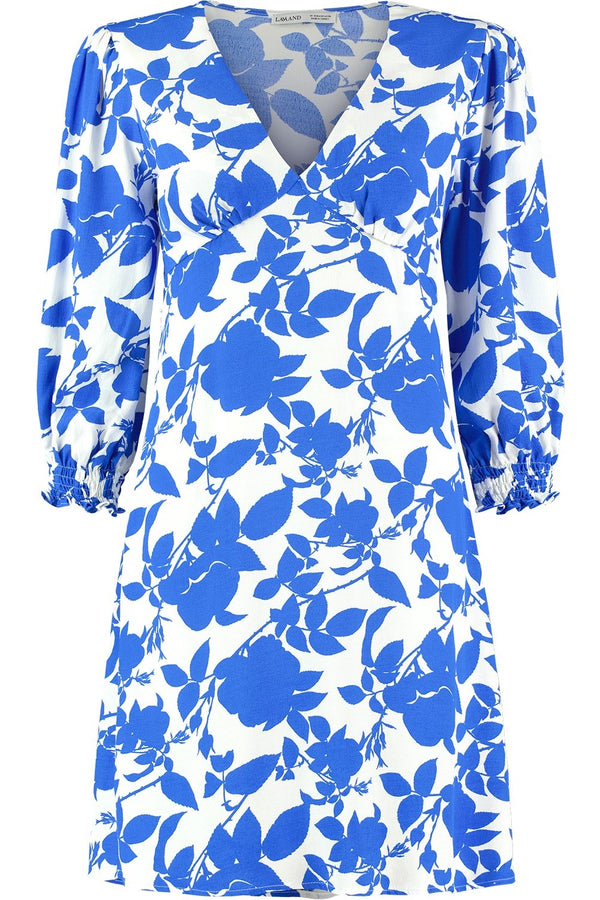 V Neck Mini Dress in White Blue Floral