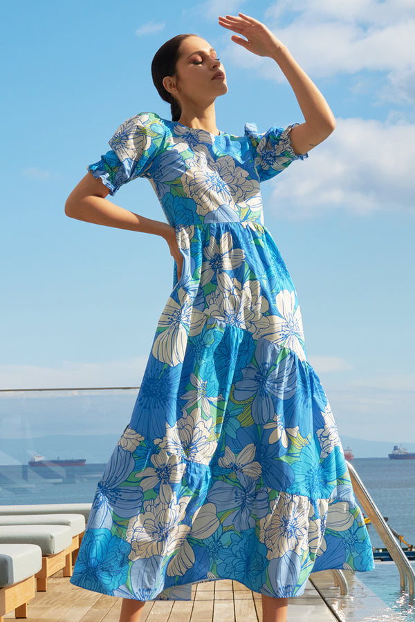 Organic Cotton Maxi Dress in Blue Floral