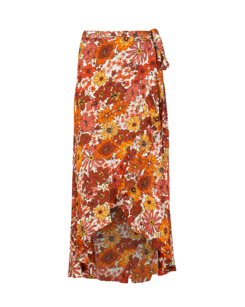 The Maya Midi Wrap Skirt in Brown 70s Floral