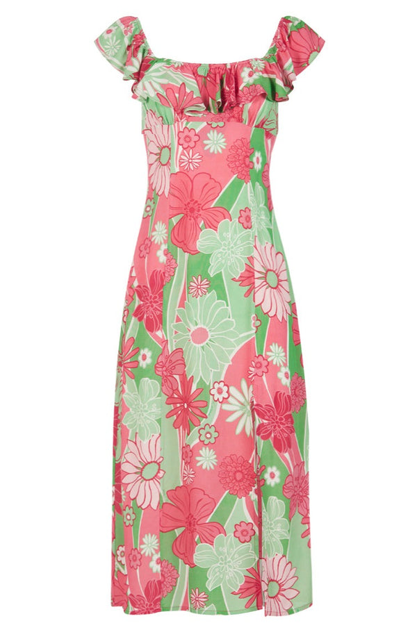 Mixed Floral Dress for Women, Frill Neck Midi Dress