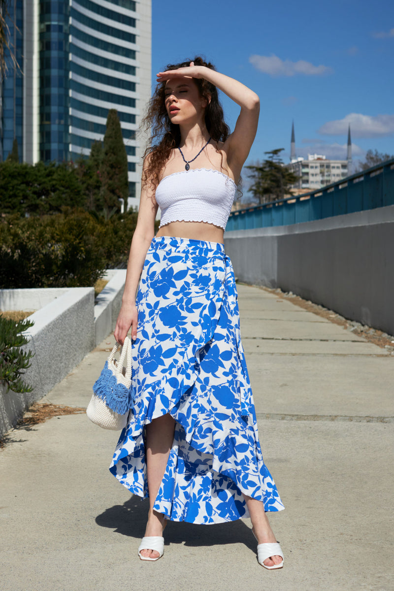 Midi Wrap Skirt, Blue Floral Wrap Skirt for Women