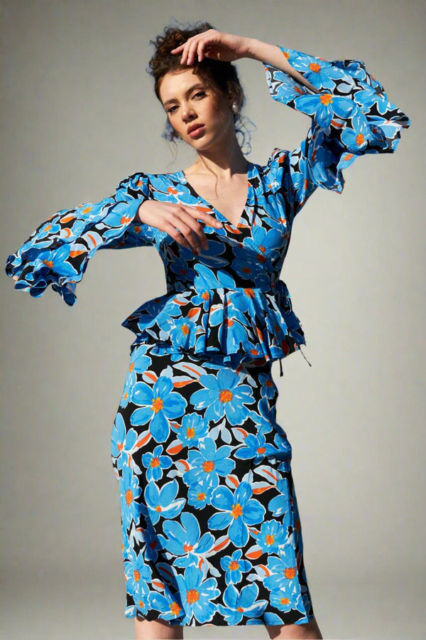 The Eliza Long Flare Sleeve Wrap Top in Blue Black Floral
