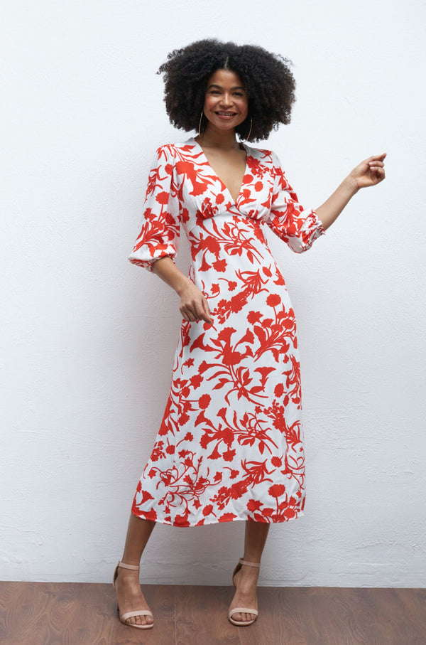 The Julia V Neck Midi Dress in Red Floral