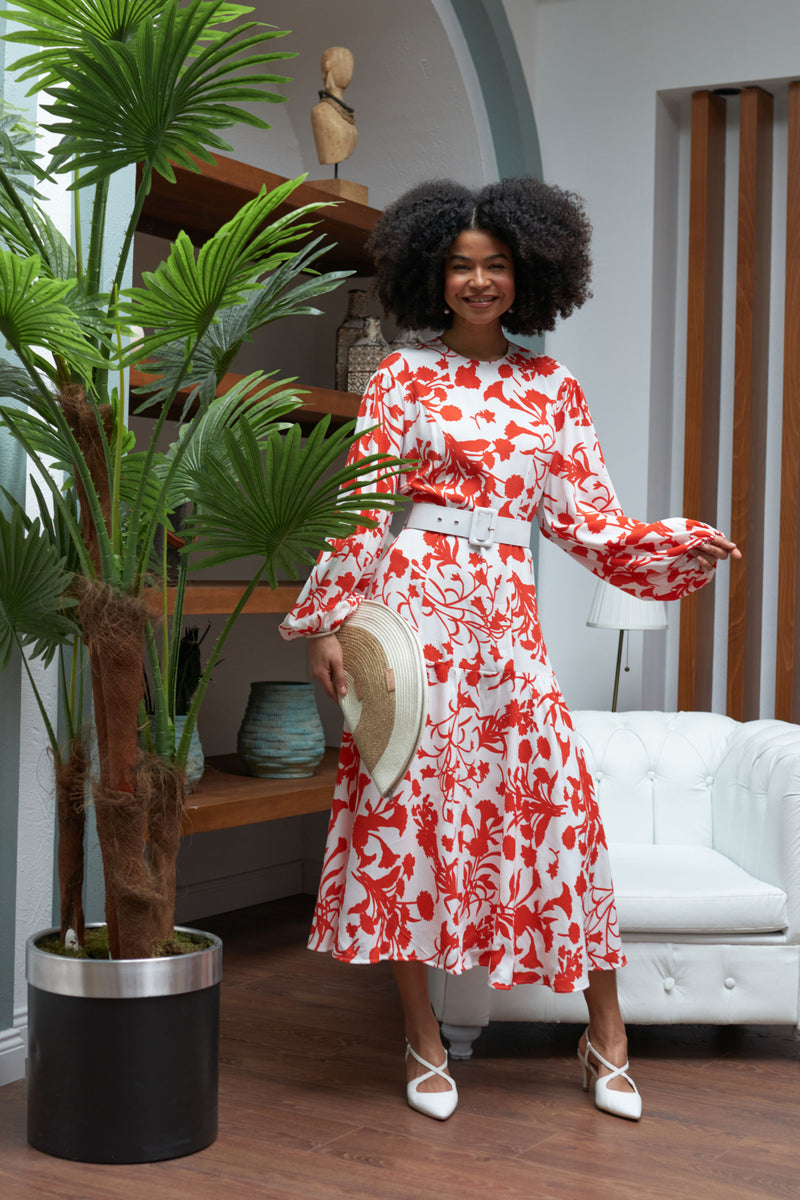 The Margo Belted Midi Dress in Red Floral