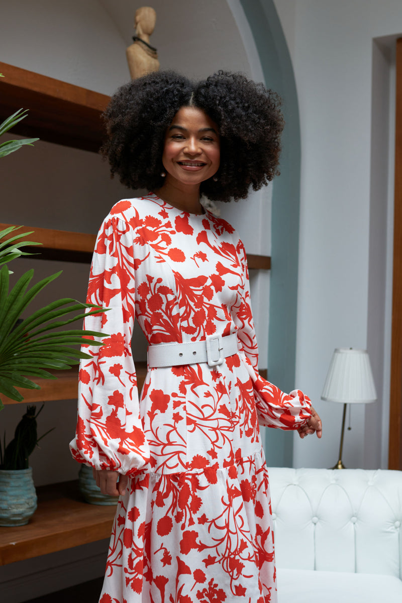 The Margo Belted Midi Dress in Red Floral