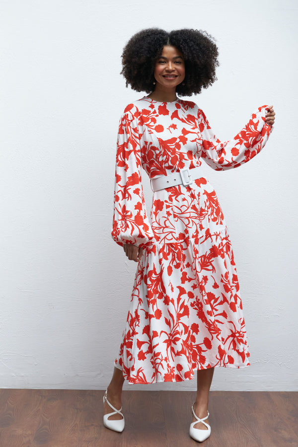 The Margo Belted Midi Dress in Red Floral