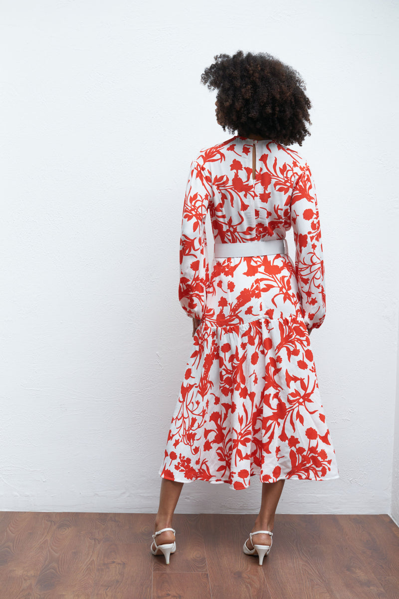 The Margo Belted Midi Dress in Red Floral