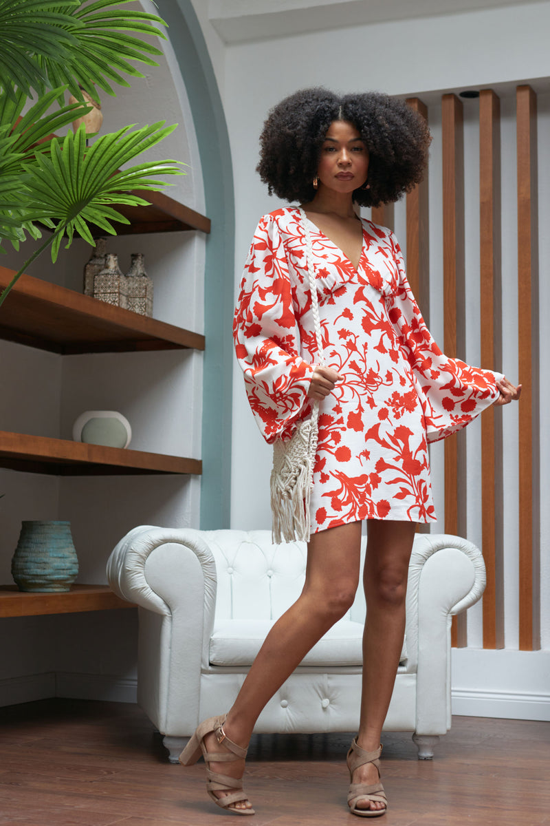 The Florence V Neck Mini Dress Flare Sleeve in White Red Floral