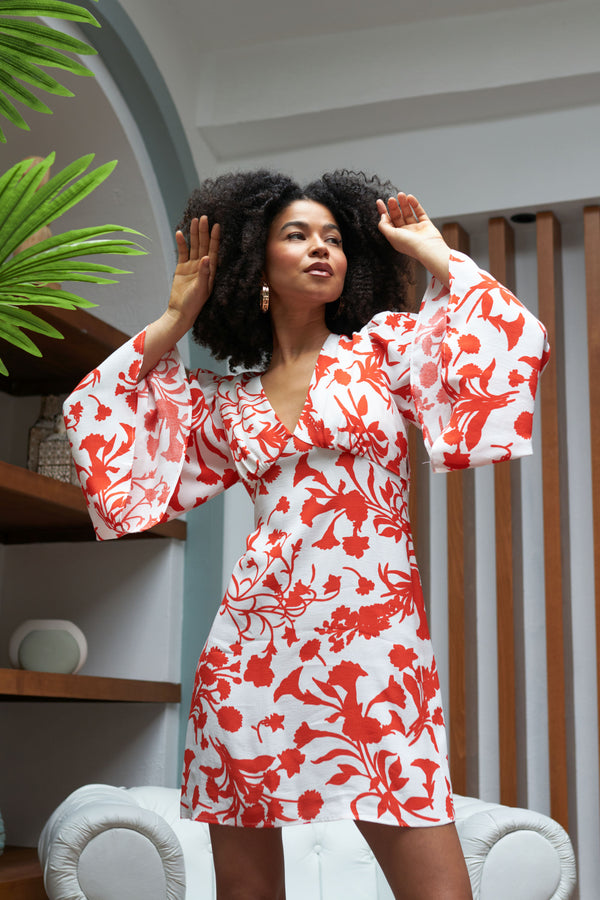 The Florence V Neck Mini Dress Flare Sleeve in White Red Floral