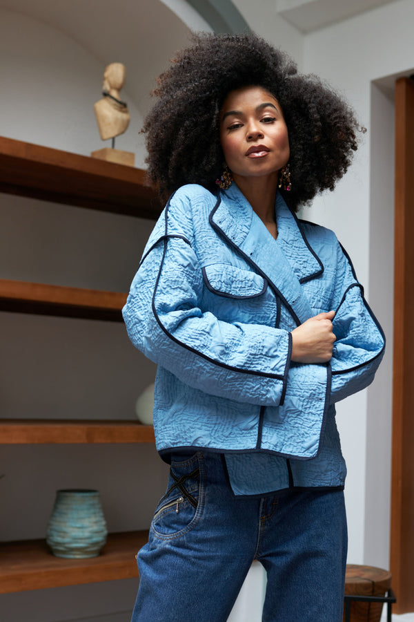 Quilted Button Front Collared Coat in Blue